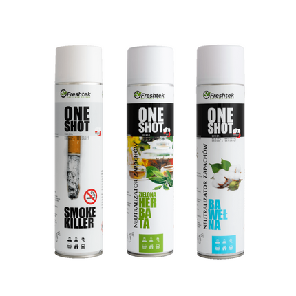 Sada bílých sprejů Freshtek One Shot v plechovkách, různé varianty náplně.