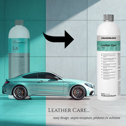 Láhev Leather Care Koch Chemie s bílým tělem a zeleným pruhovaným štítkem