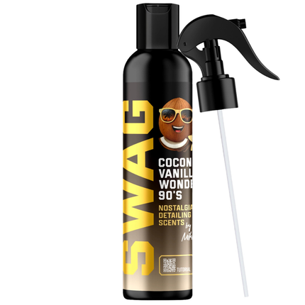SWAG Scents sprej na vůni, černá láhev se žlutým štítkem a rozprašovačem
