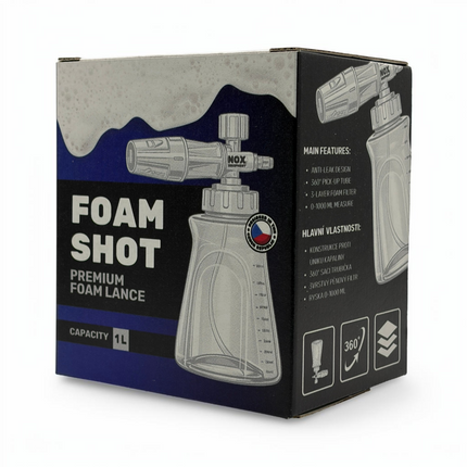 Krabice FoamShot Prémiový napěňovač na tlakovou myčku, z pěnovací pistole a návodnými ikonami