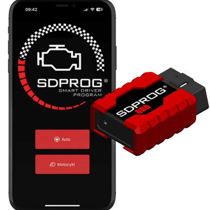 Diagnostický OBD adaptér SDPROG v červeném a černém provedení s konektorem