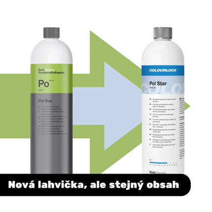 Dvě lahvičky čističe Koch Chemie s víčky, štítky na předních stranách