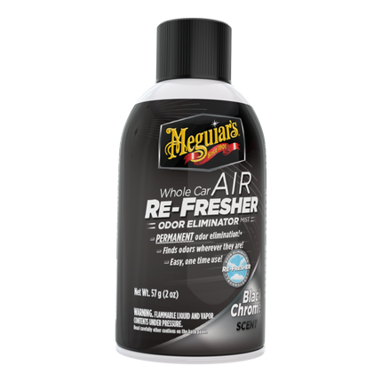Odstraňovač zápachu Meguiar's Whole Car AIR Re-FreshER, černý sprej v lahvičce.