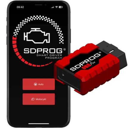 Diagnostická sada SDPROG OBD PRO: červený OBD adaptér a displej s aplikací